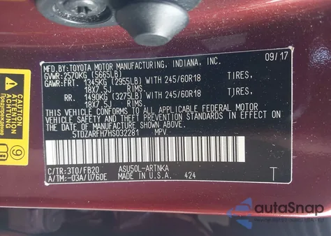 2017 Toyota Highlander Le z USA, uszkodzony, nr VIN 5TDZARFH7HS032281